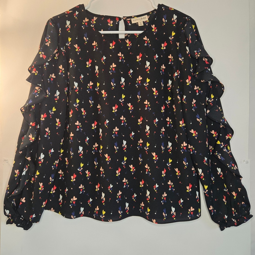 Maison Jules Womens Black Heart Print Ruffle Sleeve Blouse Size S